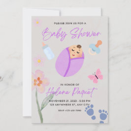 Whimsical Lavender Watercolor Baby Shower Invitati 招待状