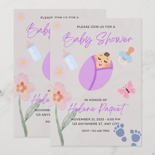 Whimsical Lavender Watercolor Baby Shower Invitati 招待状 (正面/裏面)