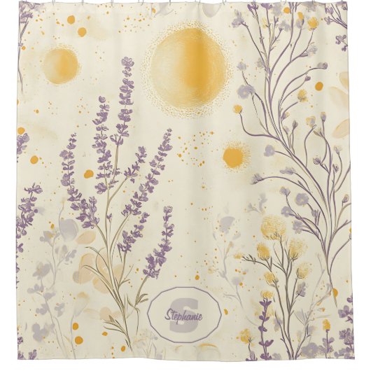 Whimsical Lavender & Yellow Floral Pattern シャワーカーテン (正面)