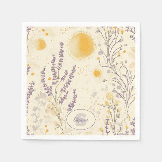 Whimsical Lavender & Yellow Floral Pattern スタンダードカクテルナプキン (正面)