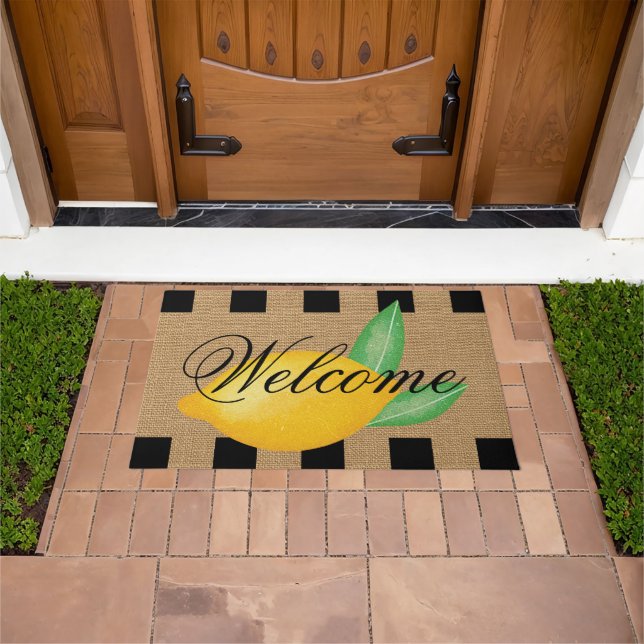 Whimsical Lemon Welcome Doormat – Faux Burlap ドアマット (室外)