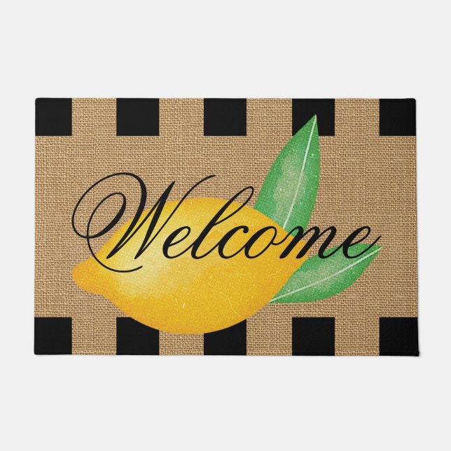 Whimsical Lemon Welcome Doormat – Faux Burlap ドアマット (正面)