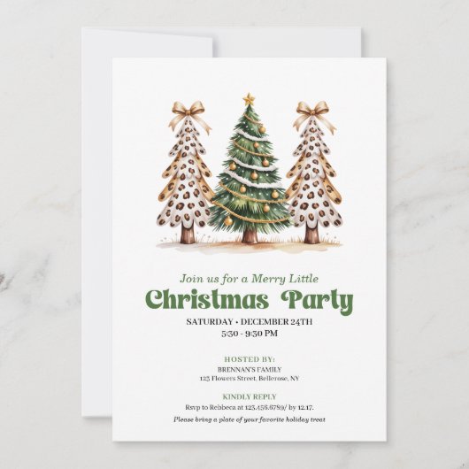 Whimsical leopard Christmas tree holiday invite 招待状 (正面)