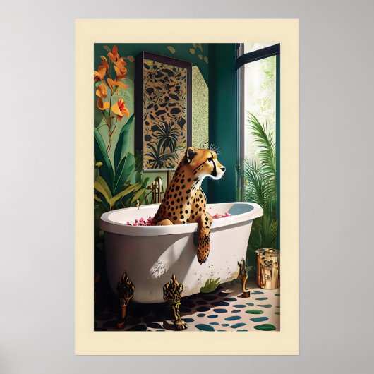 Whimsical Leopard in Bathtub Art Watercolor Print ポスター (正面)