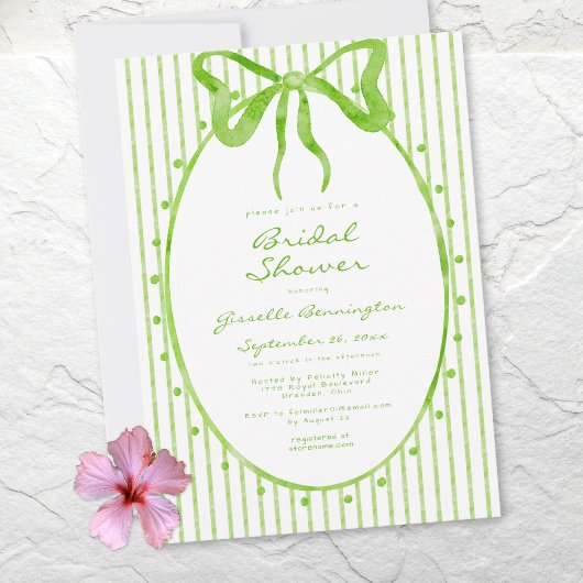 Whimsical Lime Watercolor Bow Stripe Bridal Shower 招待状