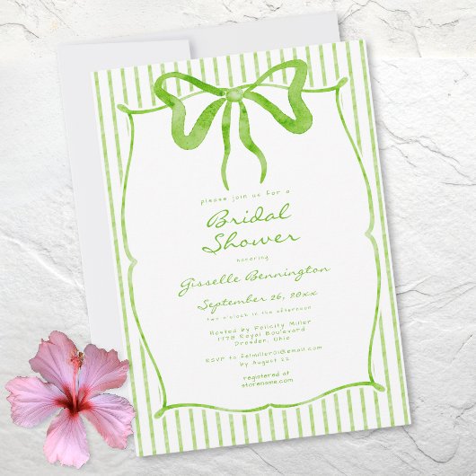 Whimsical Lime Watercolor Bow Stripe Bridal Shower 招待状