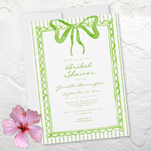 Whimsical Lime Watercolor Bow Stripe Bridal Shower 招待状