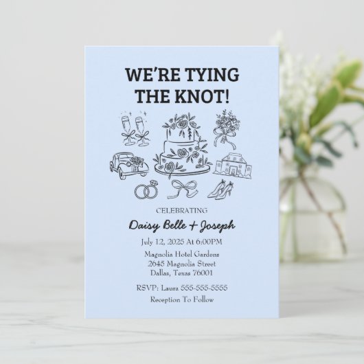 Whimsical Line Art Wedding Blue Invitation 招待状 (スタンド正面)