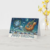 Whimsical Lion Pulling Sleigh Christmas Card カード (黄色い花)