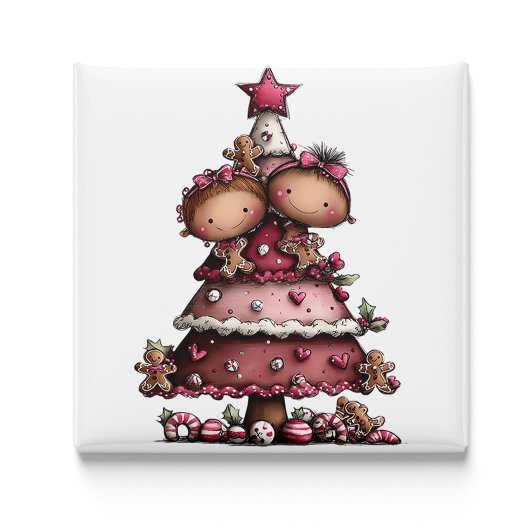 Whimsical Little Girl Pink Christmas Tree Magnet マグネット
