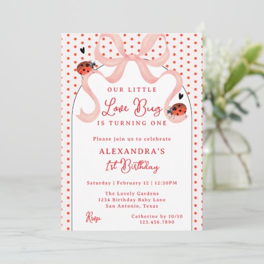 Whimsical Little Love Bug Ladybug 1st Birthday 招待状 (スタンド正面)