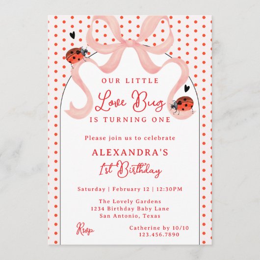 Whimsical Little Love Bug Ladybug 1st Birthday 招待状 (正面)