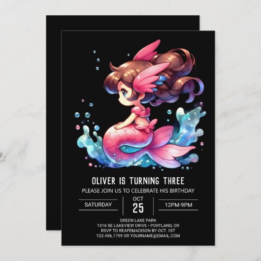 Whimsical Little Mermaid Birthday 招待状 (正面/裏面)