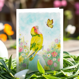 Whimsical Lovebird Easter Cute Watercolor Flowers シーズンカード
