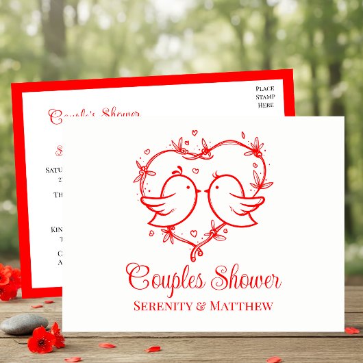 Whimsical Lovebirds Boho Red Heart Couples Shower インビテーションポストカード