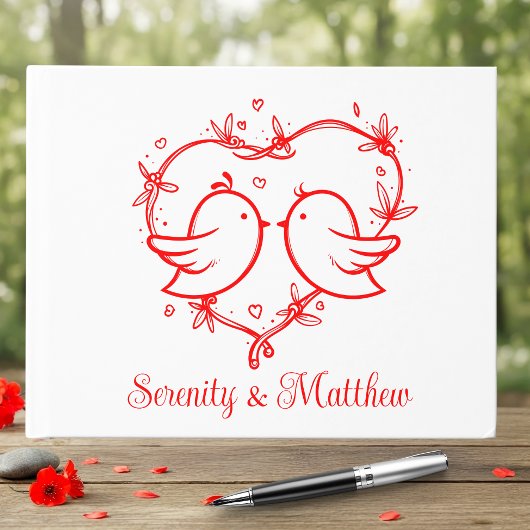 Whimsical Lovebirds Boho Red Love Heart Wedding ゲストブック