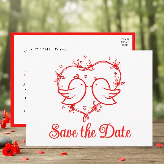 Whimsical Lovebirds Boho Red Wedding Save the Date 案内ポストカード