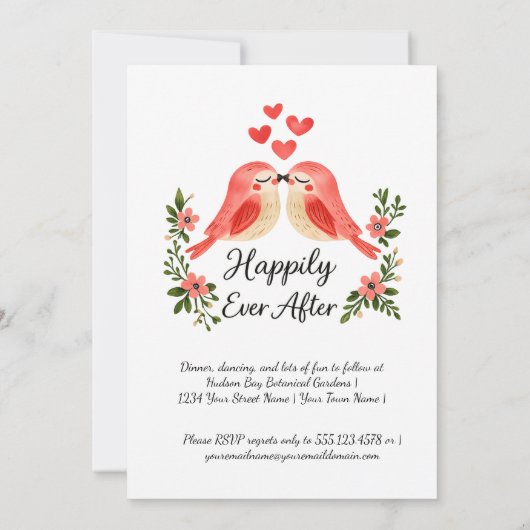 Whimsical Lovebirds Pink Hearts Wedding | 招待状 (裏面)