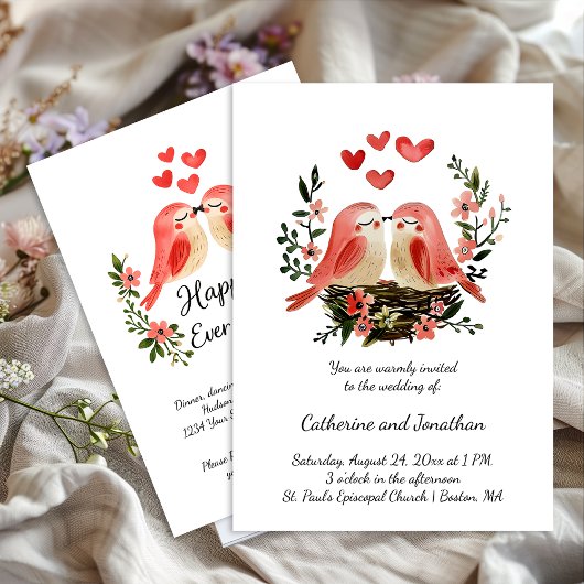 Whimsical Lovebirds Pink Hearts Wedding | 招待状