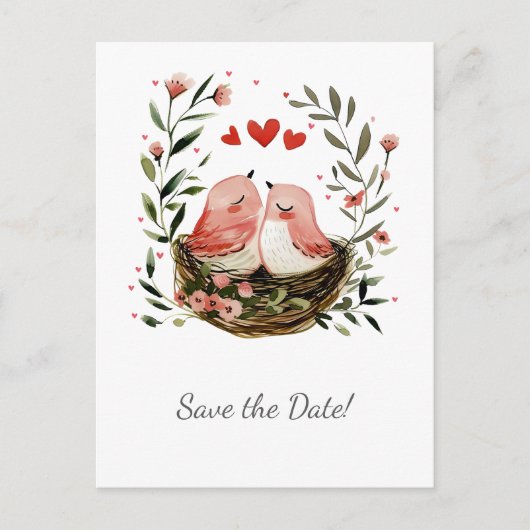 Whimsical Lovebirds Save The Date | 案内ポストカード (正面)
