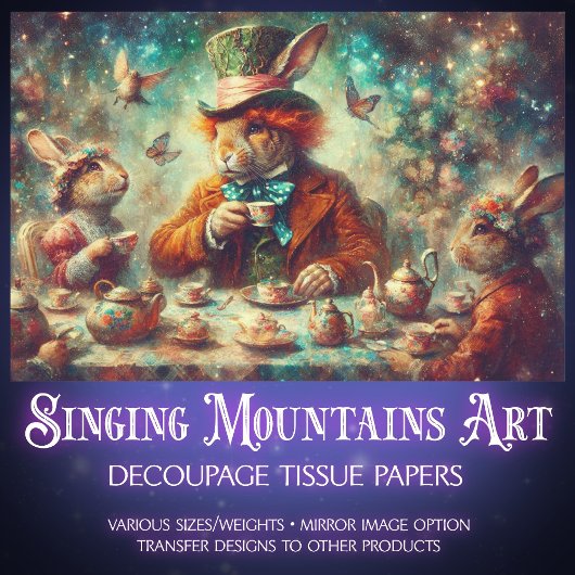 Whimsical Mad Hatter March Hare Tea Decoupage 薄葉紙