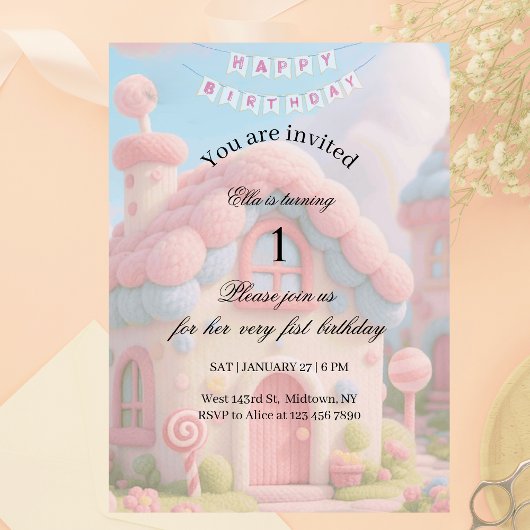 Whimsical Magic House Pink 1st Birthday  招待状