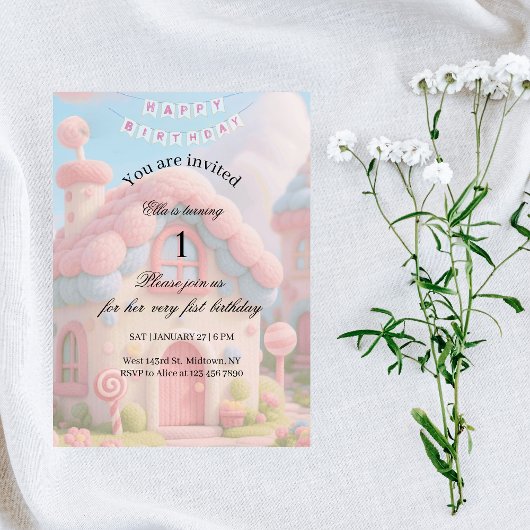 Whimsical Magic House Pink 1st Birthday  招待状