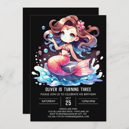 Whimsical Majestic Mermaid Birthday 招待状 (正面/裏面)