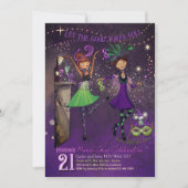 Whimsical Mardi Gras Dancing Girls Green & Purple  招待状 (正面)