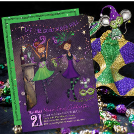 Whimsical Mardi Gras Dancing Girls Green & Purple  招待状