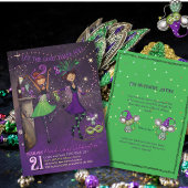 Whimsical Mardi Gras Dancing Girls Green & Purple  招待状