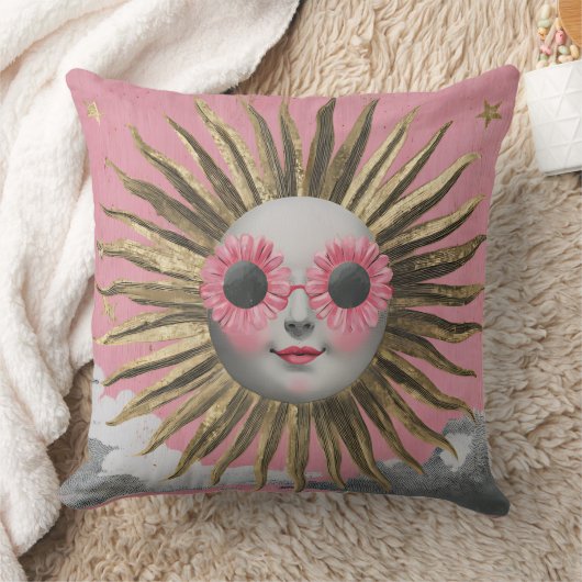Whimsical Maximalist Celestial Sun Pink Floral Sun クッション (ブランケット)