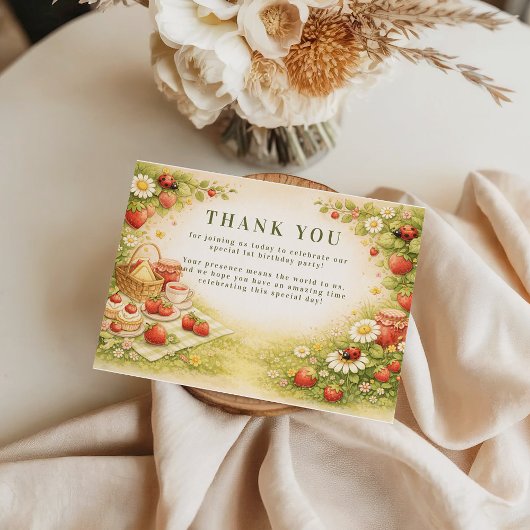 Whimsical Meadow Lady Bug 1st Birthday サンキューカード