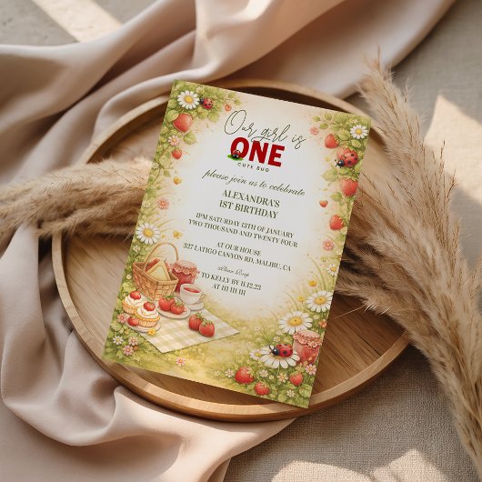 Whimsical Meadow Lady Bug 1st Birthday 招待状