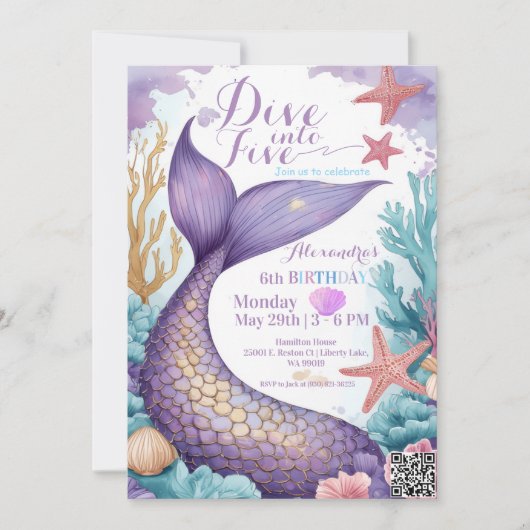 Whimsical Mermaid Tail Dive into Five 5th Birthday 招待状 (正面)