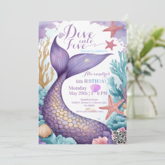 Whimsical Mermaid Tail Dive into Five 5th Birthday 招待状 (スタンド正面)