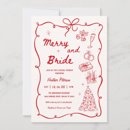 Whimsical Merry and Bride Holiday Bridal Shower 招待状 (正面)