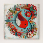 Whimsical mixed media Red Robin Bird Heart ジグソーパズル (横)