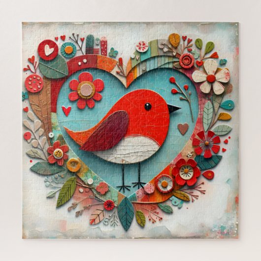 Whimsical mixed media Red Robin Bird Heart ジグソーパズル (縦)