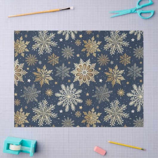 Whimsical Modern Navy Gold Snowflakes Decoupage 薄葉紙 (クラフト)