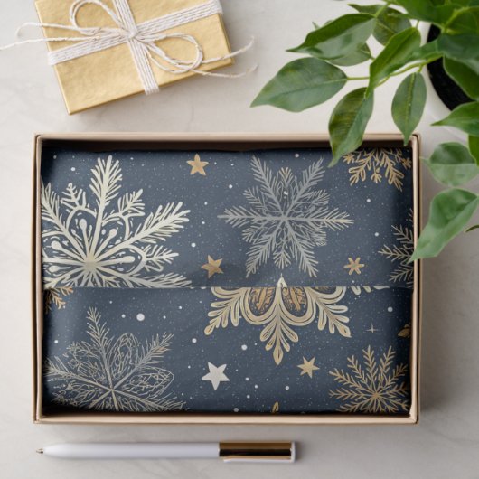 Whimsical Modern Navy Gold Snowflakes Decoupage 薄葉紙 (ギフト)