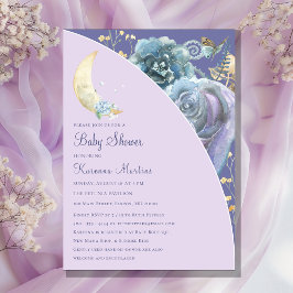Whimsical Moon Lavender Purple Script Baby Shower 招待状