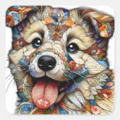 Whimsical Mosaic style patterned dog スクエアシール (正面)