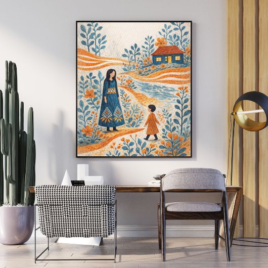 Whimsical Mother and Child Folk Art Illustration ポスター