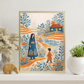 Whimsical Mother and Child Folk Art Illustration ポスター