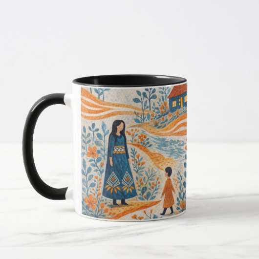Whimsical Mother and Child Folk Art Illustration マグカップ (左)