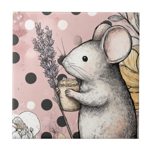 Whimsical Mouse Floral Watercolor Art タイル (正面)
