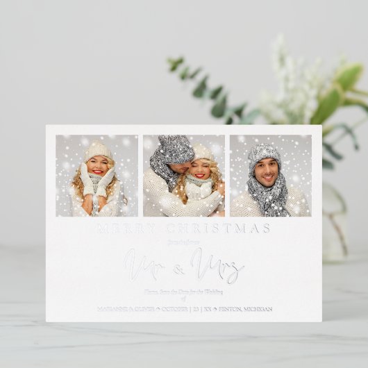Whimsical MR & MRS Christmas Wedding 3 Photos 箔招待状 (立ち正面)