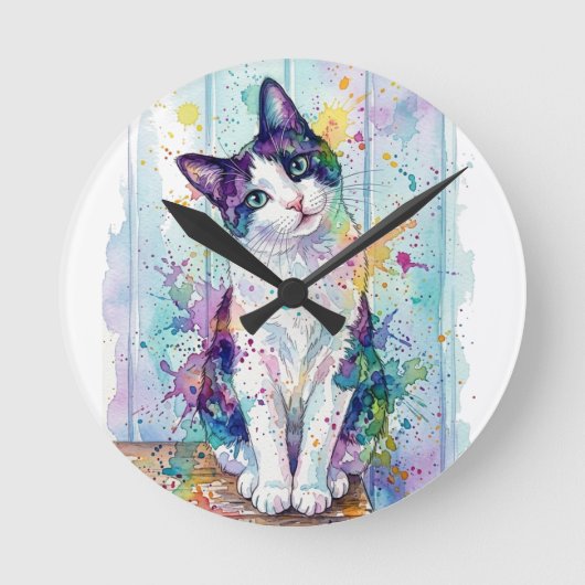 Whimsical Multi-Color Watercolor Tuxedo Kitten Pos ラウンド壁時計 (正面)
