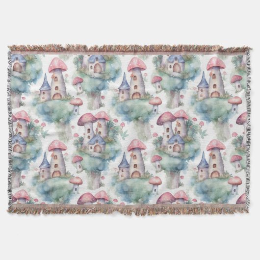 Whimsical Mushroom Cottage Pattern (11) スローブランケット (正面)